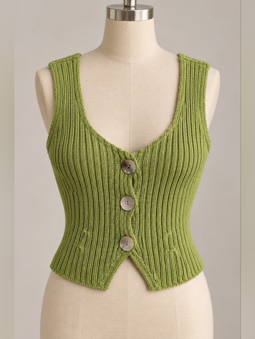 Katmai Lime Green Ribbed Knit Button Front Vest Top